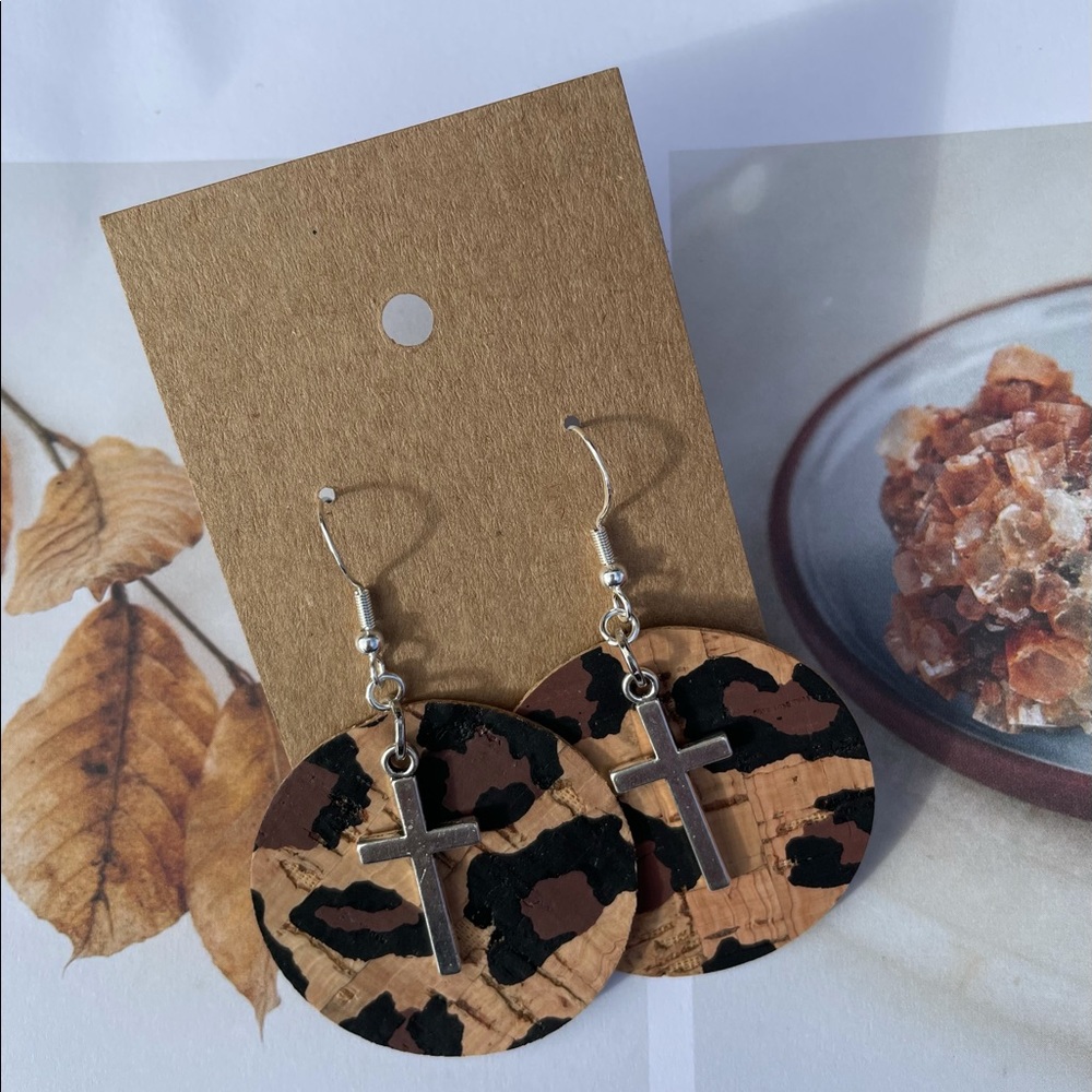 Cheetah Print Wine Cork Accent Cross Earrings Hypoallergenic - Picture 2 of 2